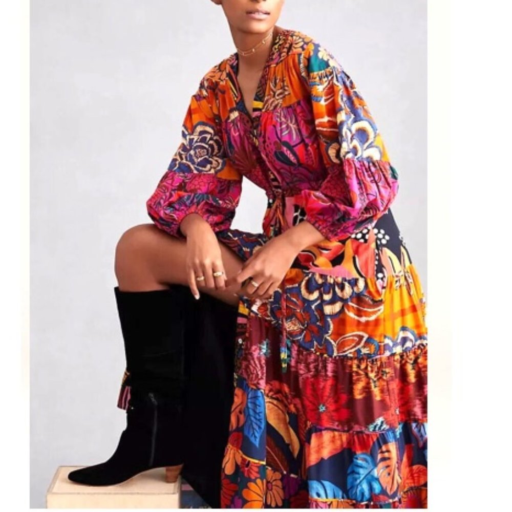 FARM Rio Vibrant Floral Patchwork Maxi Dress — Orange, Pink, Blue